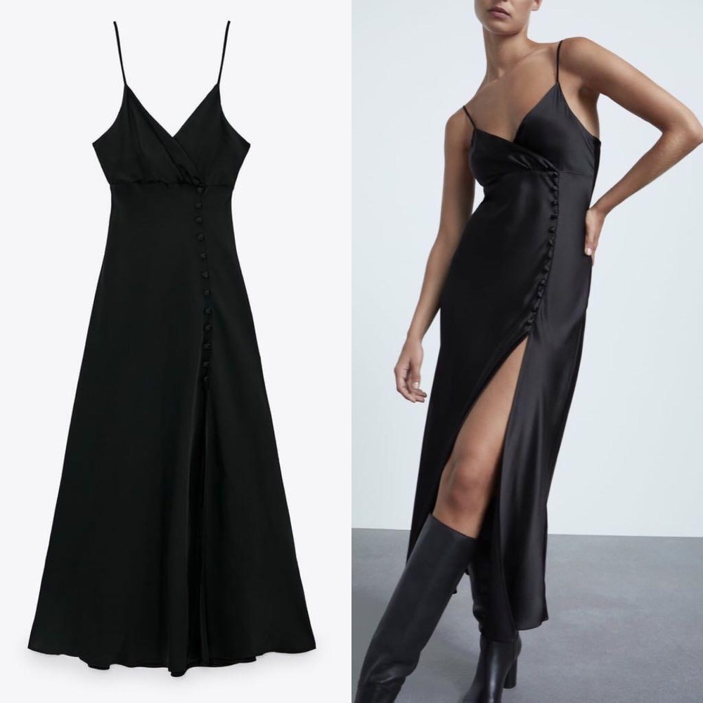 Zara Black Satin Effect Button Slip Dress